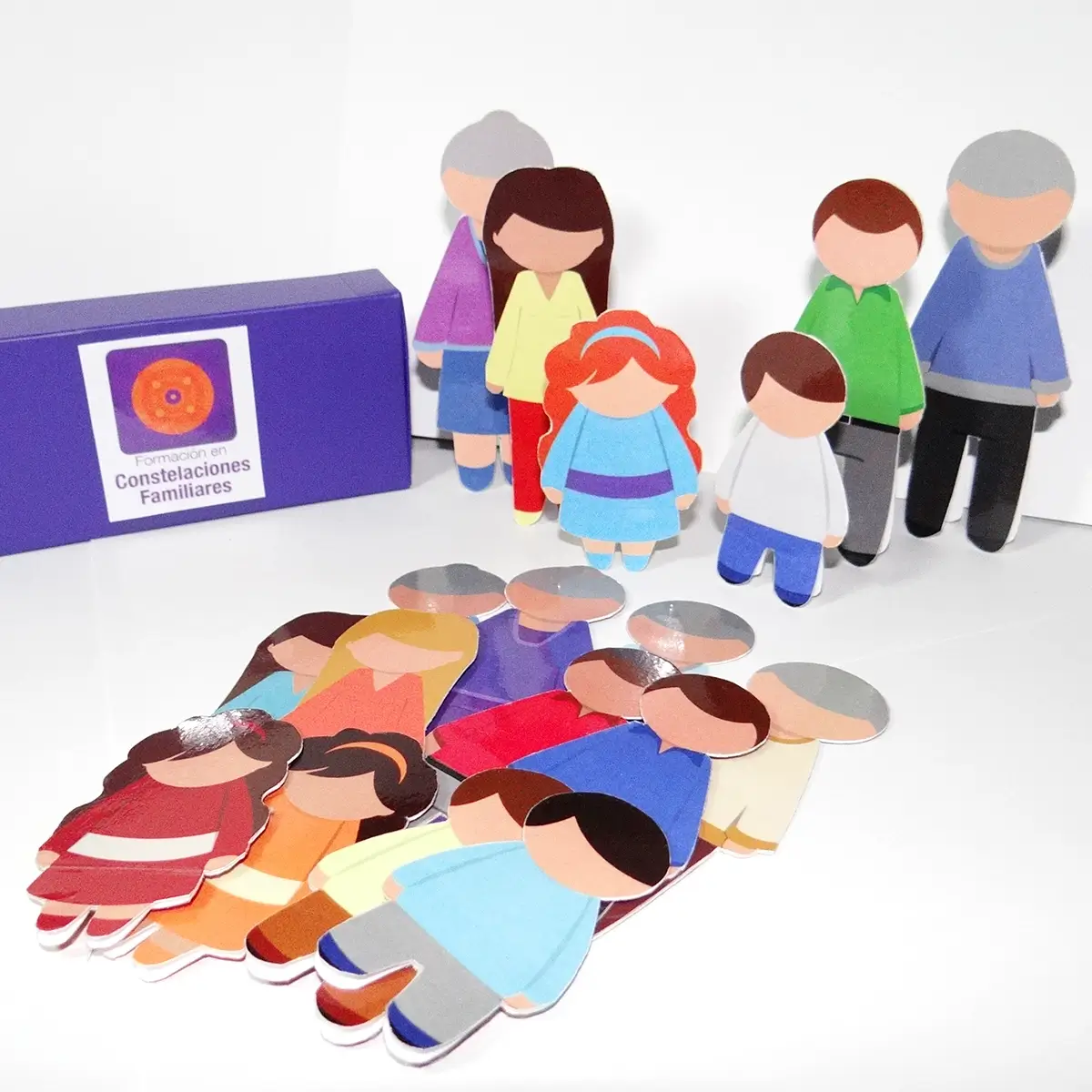 Caja de personajes Constelaciones Familiares en cartulina opalina con familias de pie y acostadas