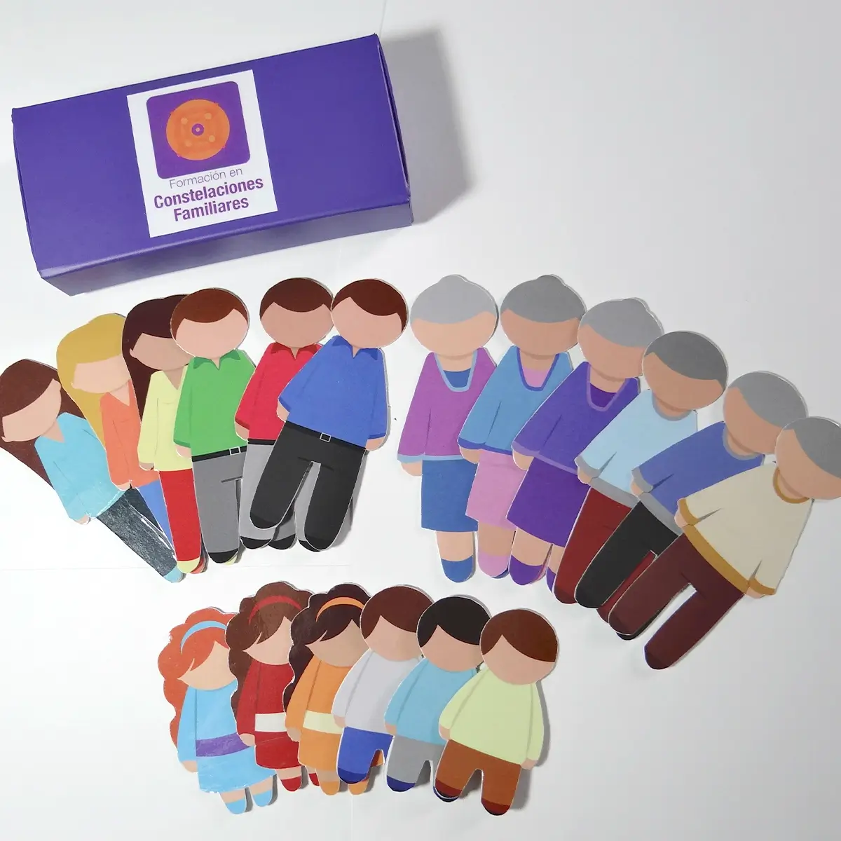 18 personajes Constelaciones Familiares cartulina opalina acostados agrupados por generaciones
